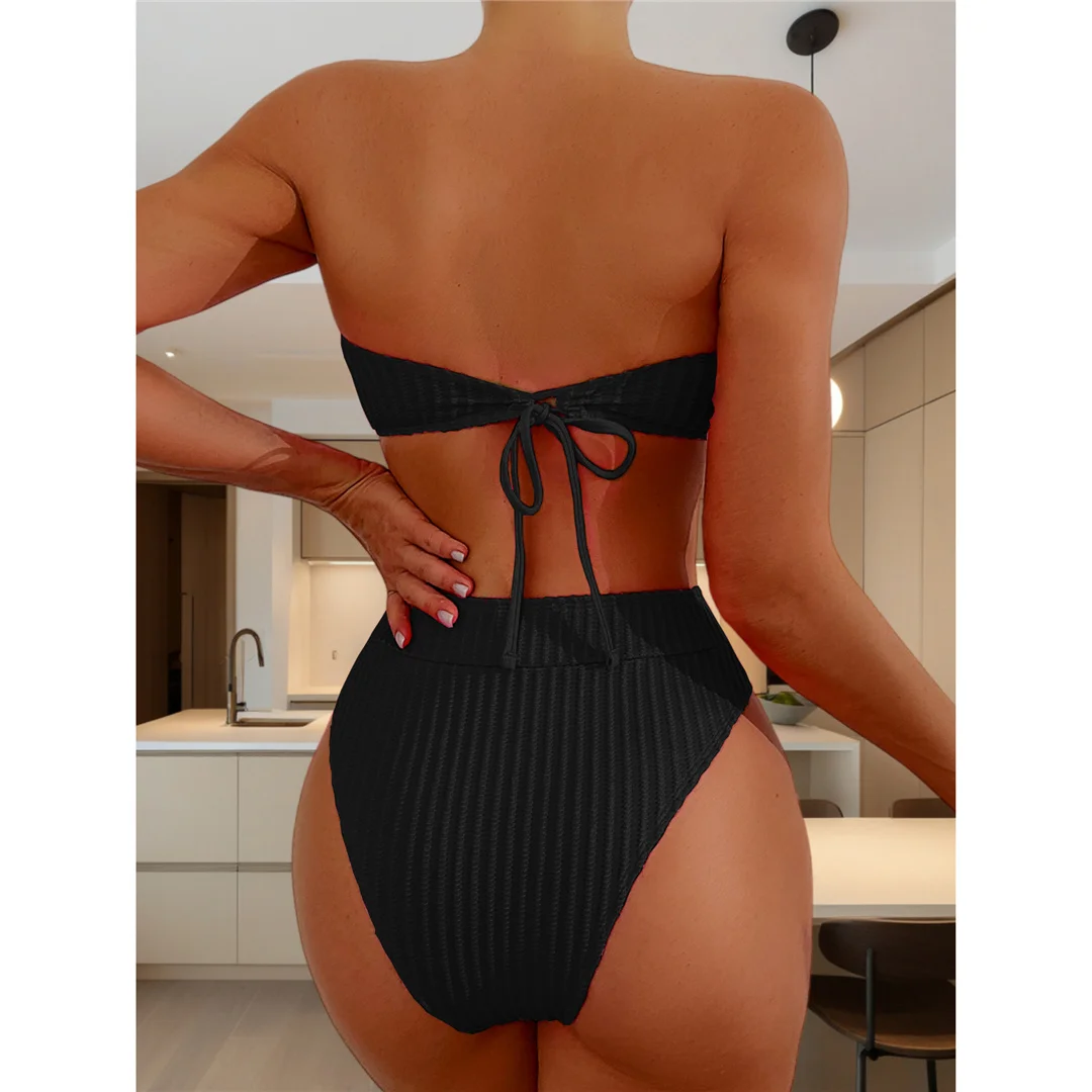 S - XL Bandeau-Bikini mit Falten, Damen-Badeanzug, Bikini mit hoher Taille, zweiteiliges Bikini-Set, Badebekleidung, Badeanzug, Modell V5904. – Detail 31