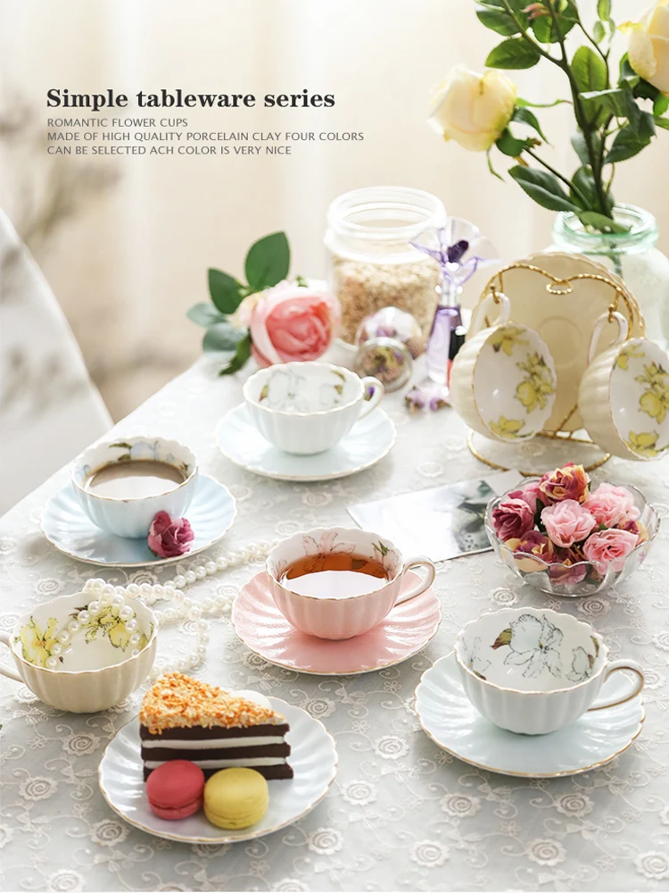 European Style Coffee Cup and Saucer Set, Afternoon Tea Bone China, Flower Tea Party Tazas Espresso Cups