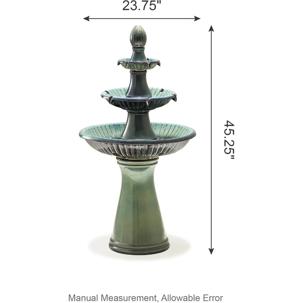 45.25 Inch High Waterfall Fountain with Water Pump and LED Lights, Large Floor Standing, Outdoor 3-story Ceramic Fountain