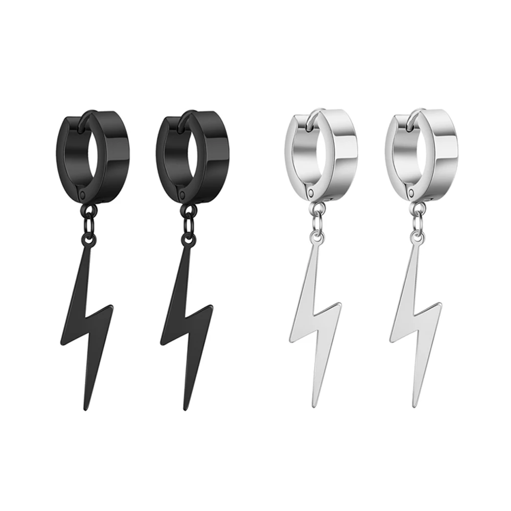 My Shape Punk Lightning Earrings Men Stainless Steel Black Color Hoop Earring Fashion Hiphop Male Jewelry Party Ear Accessories
