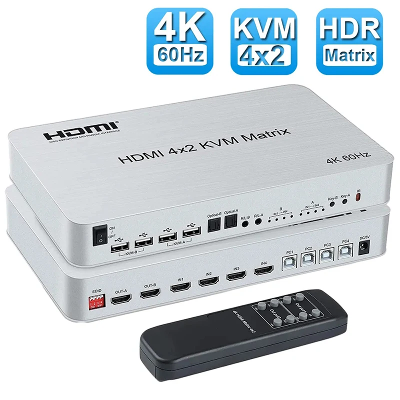 4 Port USB HDMI KVM Matrix 4x2 Dual Monitor 4K 60Hz HDMI Matrix Switch Splitter Audio Video Converter Support USB Keyboard Mouse