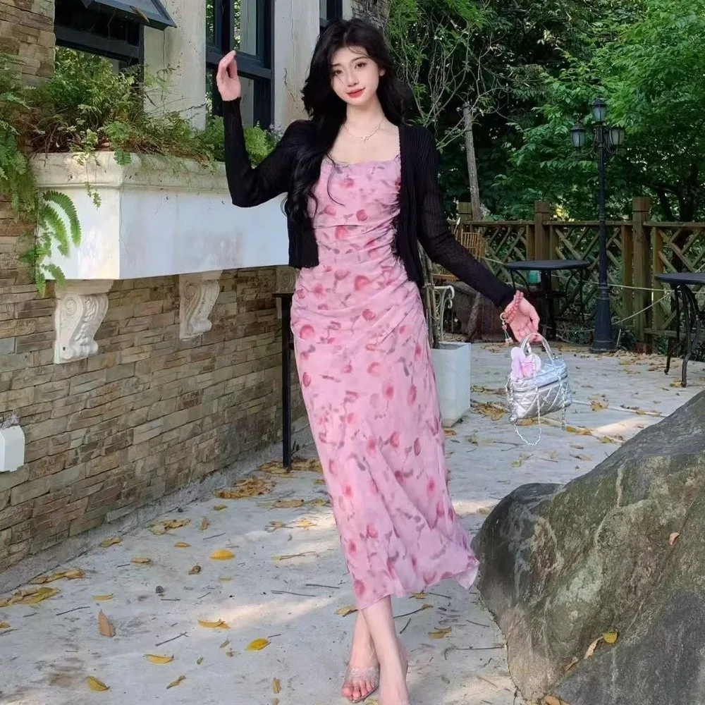 Slim Fit Floral Slim Long Dress Sleeveless Flower Women Long Skirt Temperament Spicy Girl Korean Camisole Dress Spring Summer