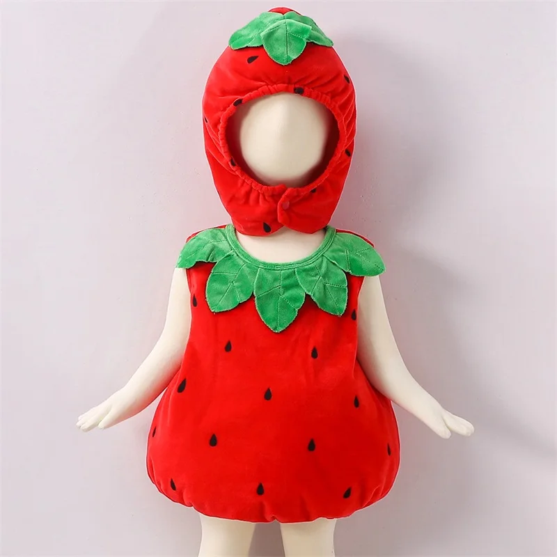 Toddler Baby Girls Strawberry Costume Christmas Halloween Strawberry Romper Fleece Leaf Trim Sleeveless Strawberry Romper Hat