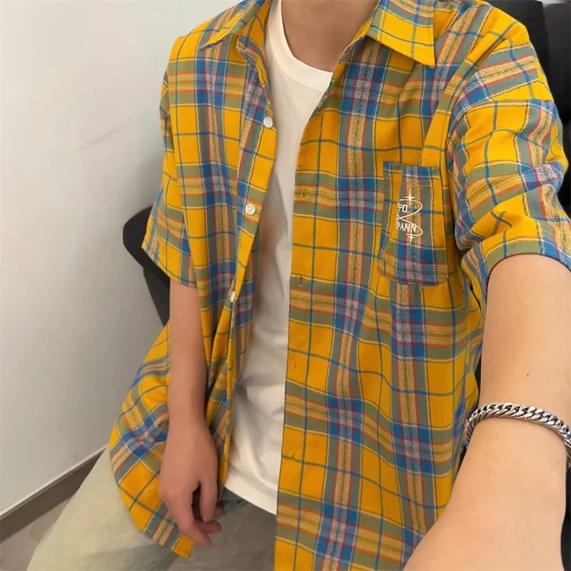 

Yellow Embroidered Early Spring Plaid Long Sve Men's irt Cleanfit Geometric Pattern Casual Sli Outerwear irt