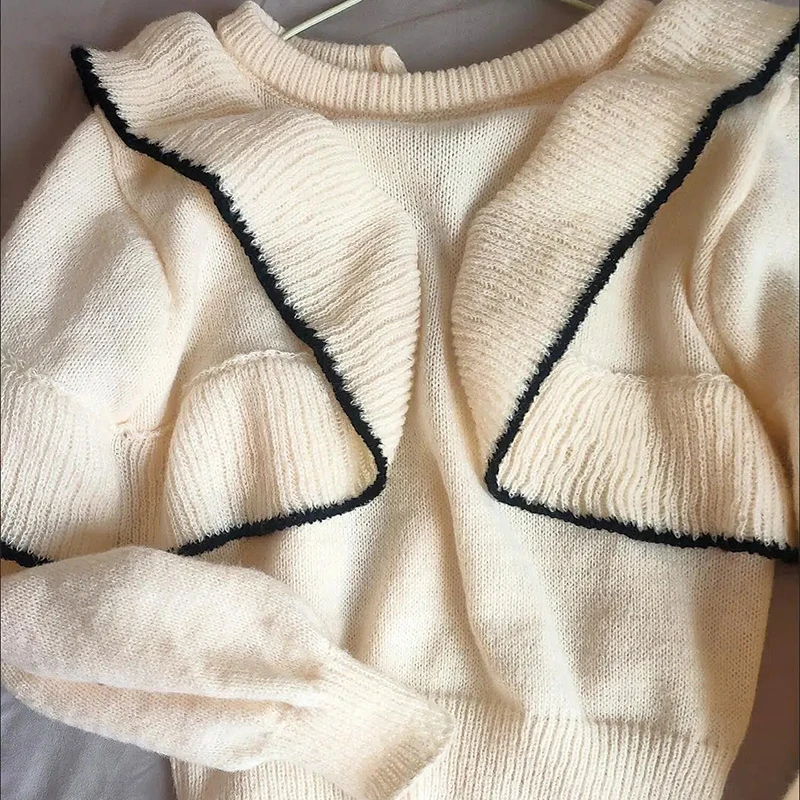 Two-sided Wear Korean O-neck Spliced Ruffles Knitted Pullover Sweater Women Fashion Loose Long Sleeve Women Clothing Casual Top