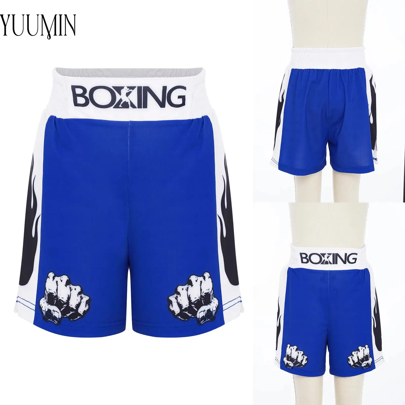 

Muay Thai Shorts for Boys Boxing Training Costume Elastic Waistband Sides Slit Stylish Printed Color Block Shorts MMA Clothes