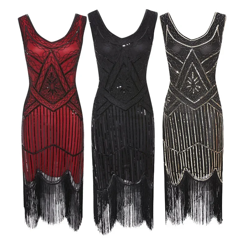 Women Party Dress 1920 s Great Gatsby Flapper Vestidos Sequin Bead Fringe Dress Evening V Neck Embellished Fringed Sleeveless