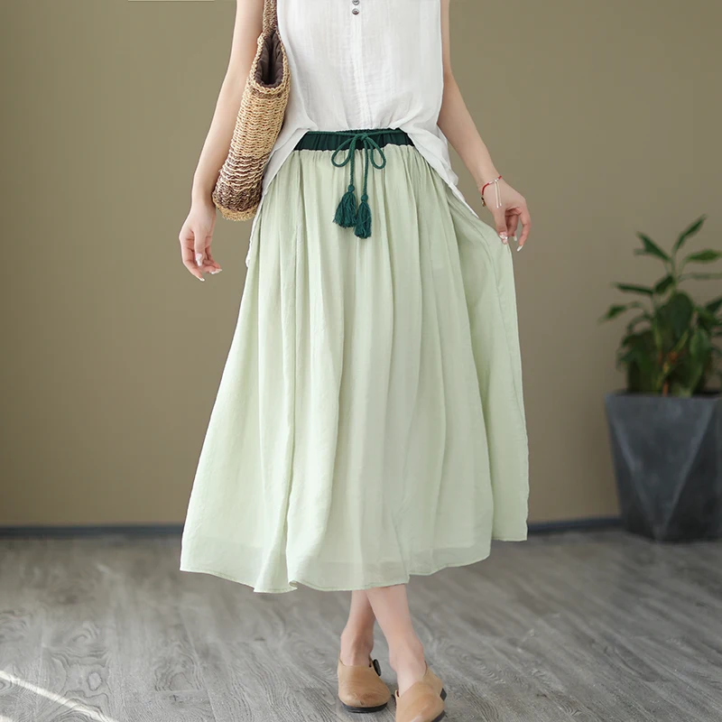 2023 New Summer Vintage Solid Color Lace-up Casual Women Elastic Waist Skirts A-line Skirt Female Fashion Cute Clothing