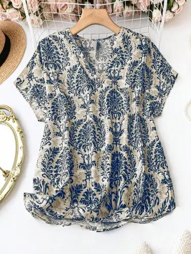 【Tamaño grande】 Blusa con estampado floral, pantalón corto informal de manga para primavera y otoño, ropa de mujer para uso diario