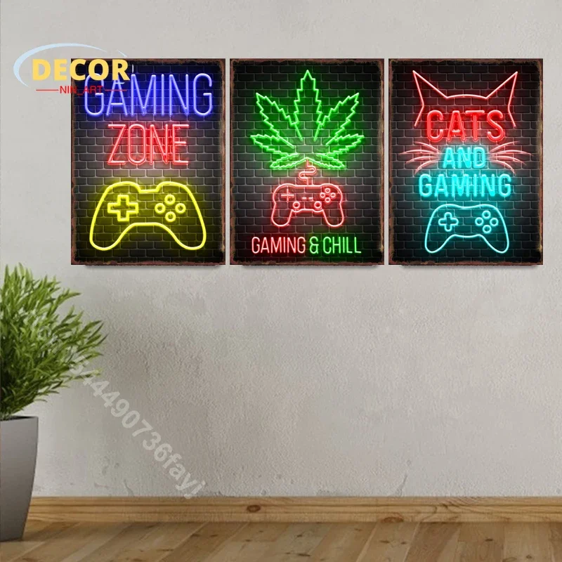 Neon Game Quotes Metal Tin Sign Gaming Zone Poster for Cats Chill Get A Life Iron Plate Art Aesthetic Decoration Wall Room Decor