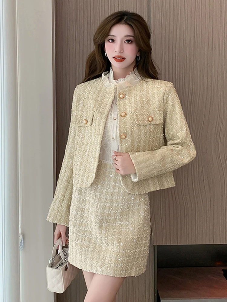 High Quality Autumn Tweed Two Piece Set for Women Sequin Shiny Jacket Coat + Mini Skirt Suits Streetwear Woolen Office Outfits