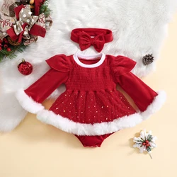 Christmas Red Rompers Dress Newborn Baby Girls Sequins Fur Long Sleeve Sequins Jumpsuits Skirts Headband Xmas Outfits