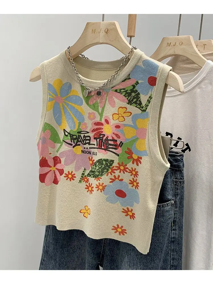 Vintage Graffiti Flower Print Knitted Camisole Women Sweater Vests Crop Tank Tops Fashion Sexy Streetwear Sleeveless Knitwear