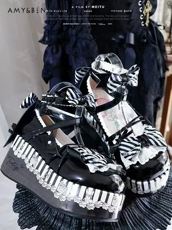 

Sweet Lolita Style Mary Jane Shoes Lace Bow Round Head Thick Sole Waterproof Table Muffin Bottom Women's Elegant Princess Shoes