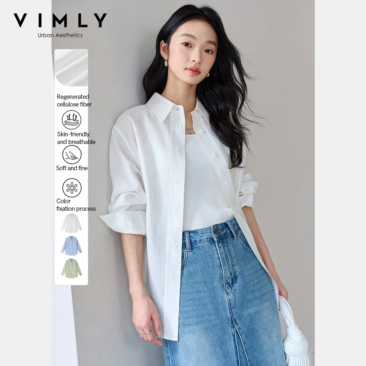 

VIMLY Casual Loose Fit Shirts Women 2025 Autumn New Solid Long Sleeve Top Asymmetric Design Blouses Pocket Female Clothing A0183