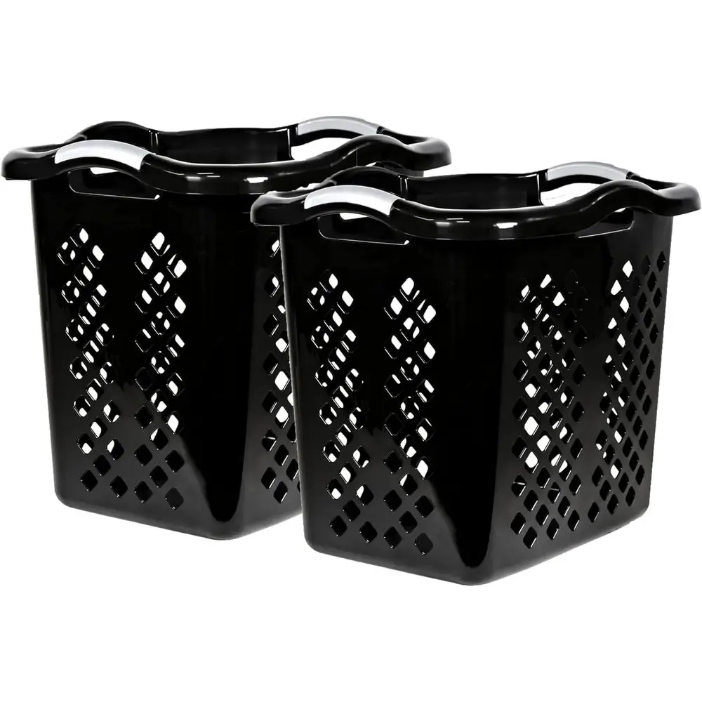 

Black 2-Bushel Plastic Laundry Baskets with Handles, Set of 2 for Home, Dorm, or Bathroom Use