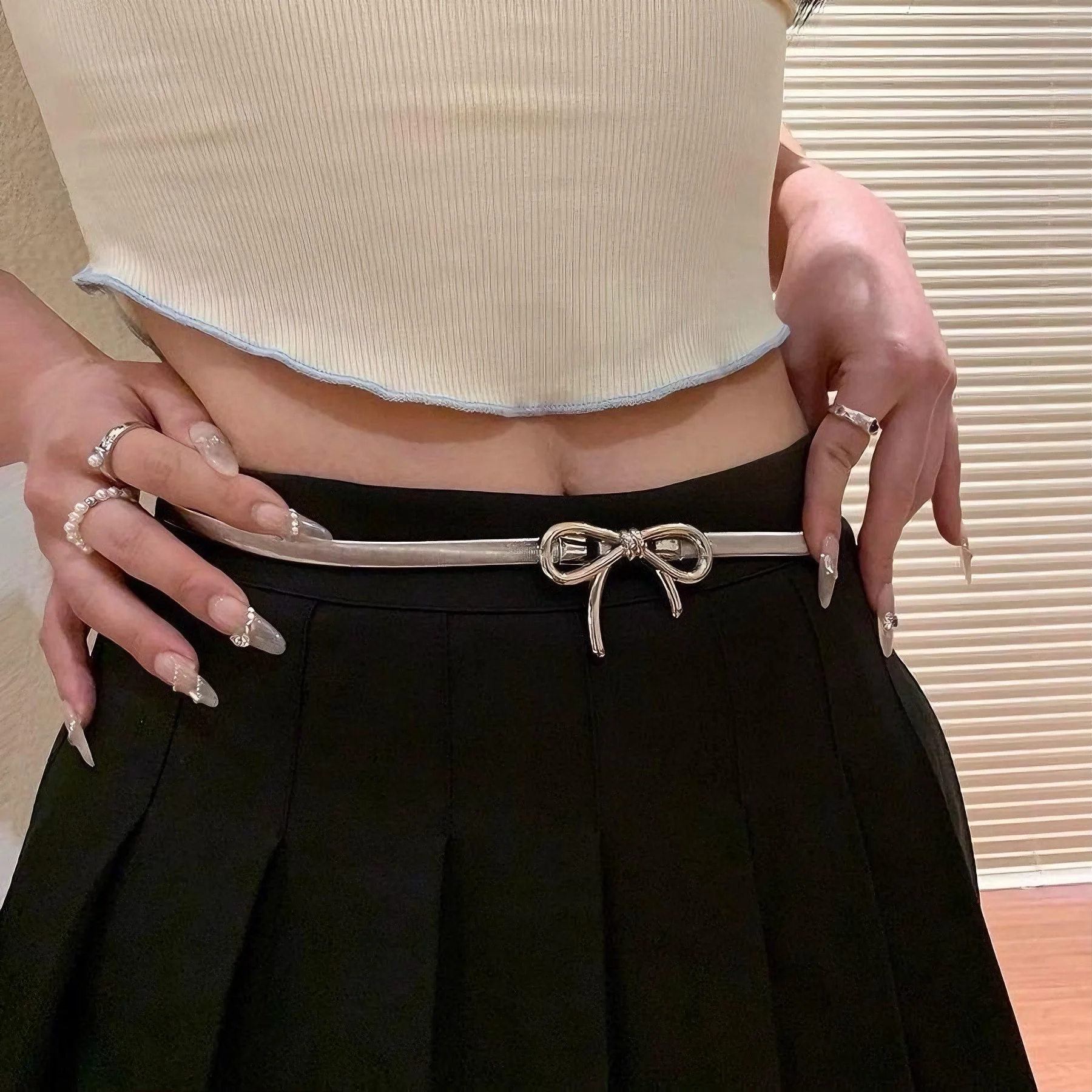 

Элегантный эластичный пояс в корейском стиле с бантом для женщин, новинка весны, ретро-классика, металлическая цепочка на талию, аксессуар