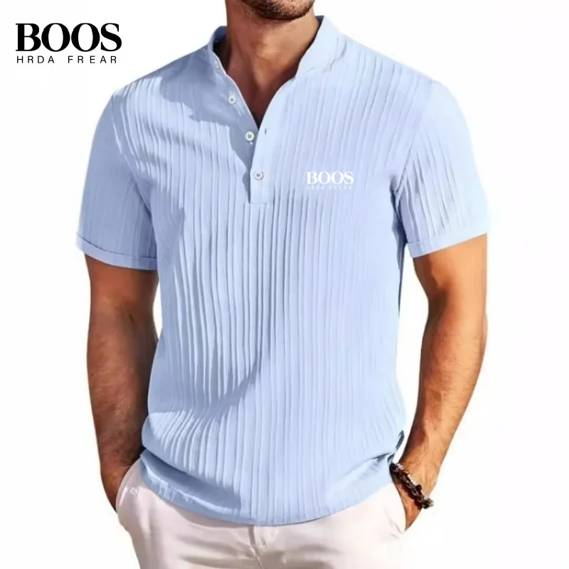 

Summer men's high-quality striped Henry collar short sleeved polo shirt, new fashionable casual breathable top