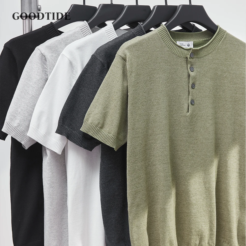 

Men's Henry Collar Knitted Short Sleeve T-Shirt Summer Fashion Button Loose Solid Color Tops Men's Business Casual T-Shirt