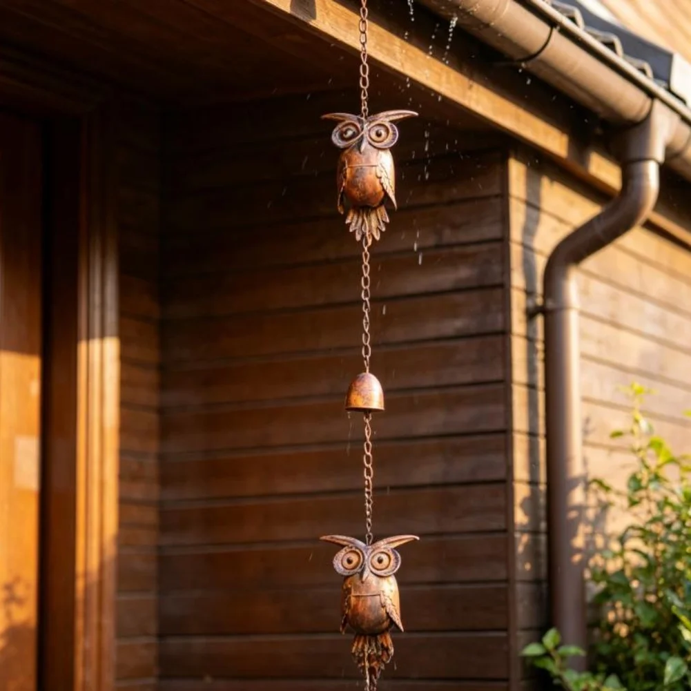 Owl Theme Iron Rain Chain 90.5 Inches for Garden Patio Rainwater Drainage Chain with Light Luxury Classical Design