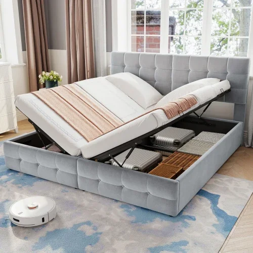Modern King Size Solid Wood Bed Frame with Storage Tufted Design Soft  Style Furniture for Bedroom Enhancing Setup