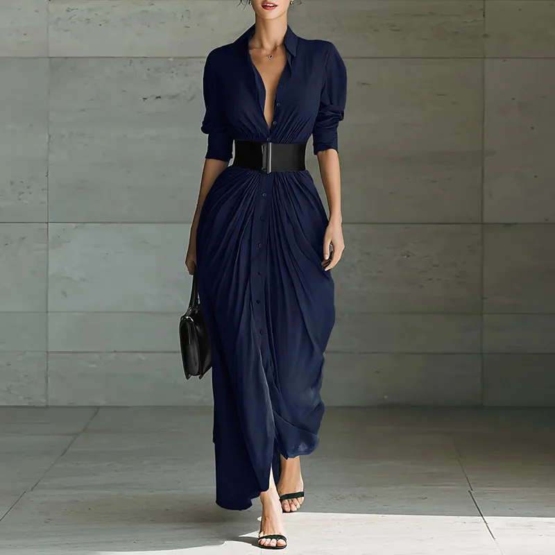 Spring Single Breasted Shirts Maxi Dress Woman Lapel Elegant Belted Slim Pleated Dress Autumn Long Sleeve Solid Slit Party Dress