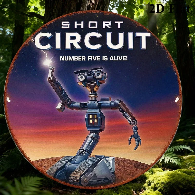 Round Aluminum Sign，Related to The Movie 'Short Circuit', Featuring The Johnny 5 Robot As a Retro Decorative Plaque