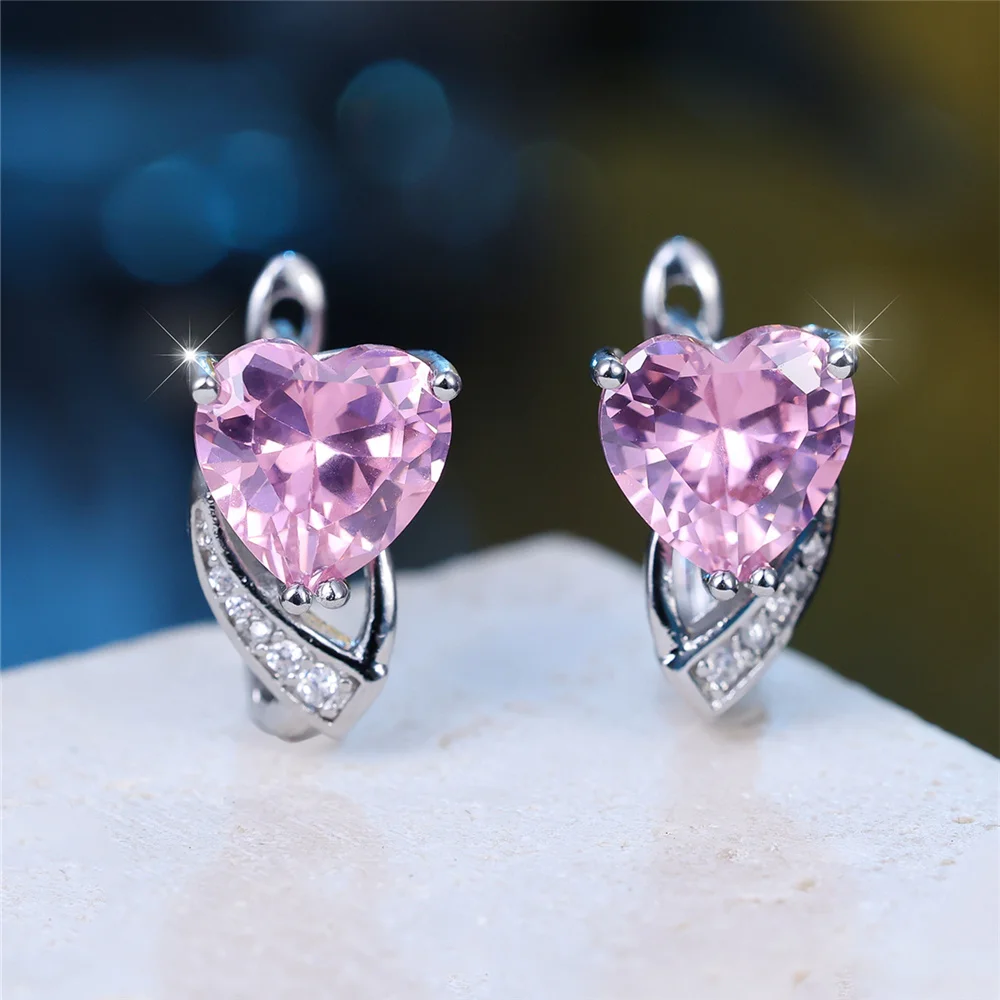 Cute Female Pink Heart Zircon Stone Hoop Earrings Silver Color Unique Gift Party Jewelry For Women