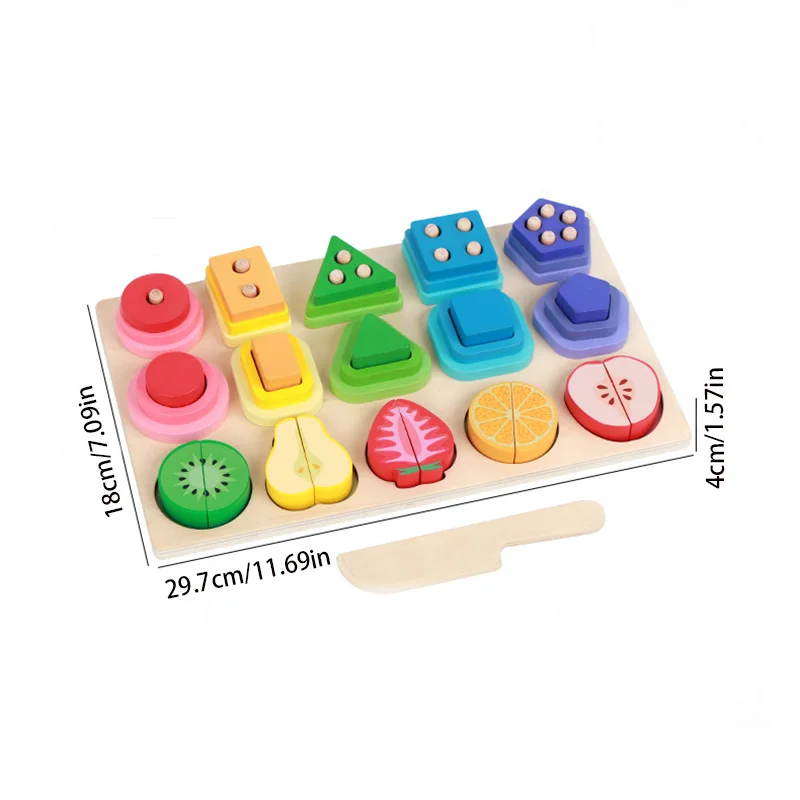 ألعاب خشبية متعددة الوظائف للرضع والأطفال الصغار، مجموعة الشكل والألوان من الأعمدة، متعة قطع فاكهة الصيد المطابقة الهندسية، التدريب على التنسيق بين اليد والعين، ألعاب تعليمية للتعليم المبكر