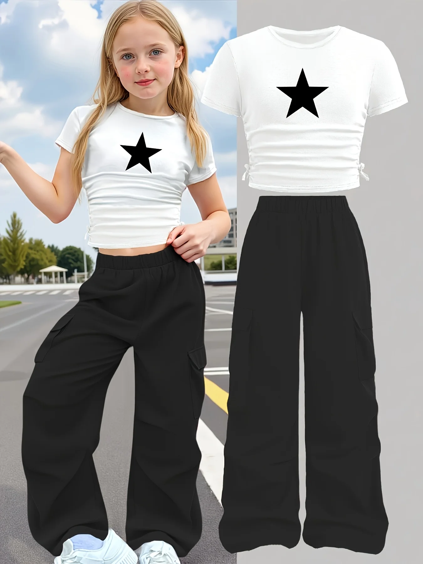 New Summer 2-Piece Set: Star-Print Slim-Fit Crew-Neck Short-Sleeve T-Shirt & Wide-Leg Pants (Stylish Casual Set for Girls)