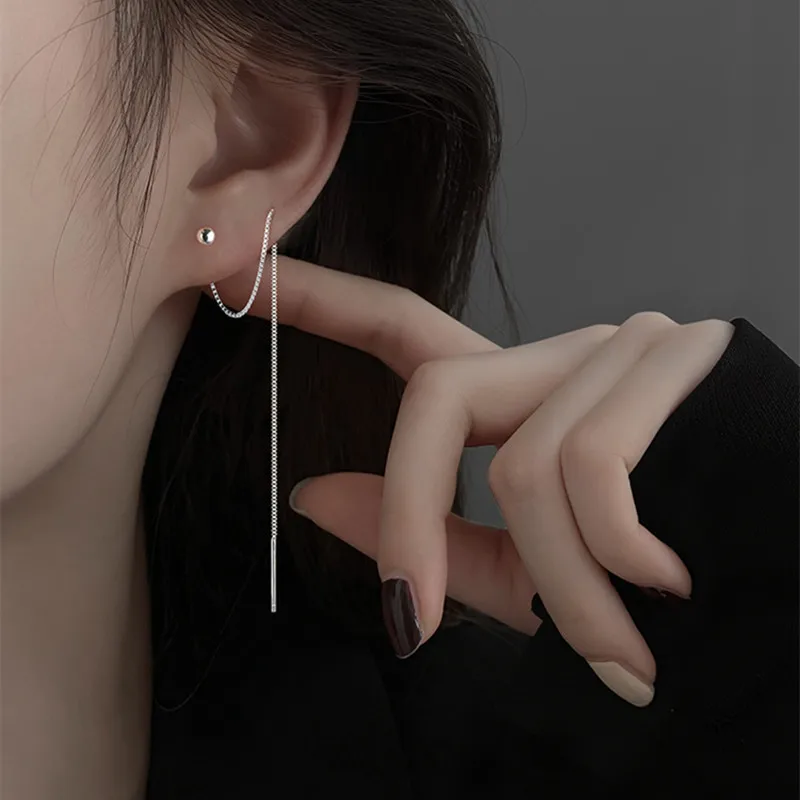 F.I.N.S 925 Sterling Silver Minimalist Square Round Dangle Earrings With Long Box Chain Tassel Ear Line Simple Wedding Jewelry
