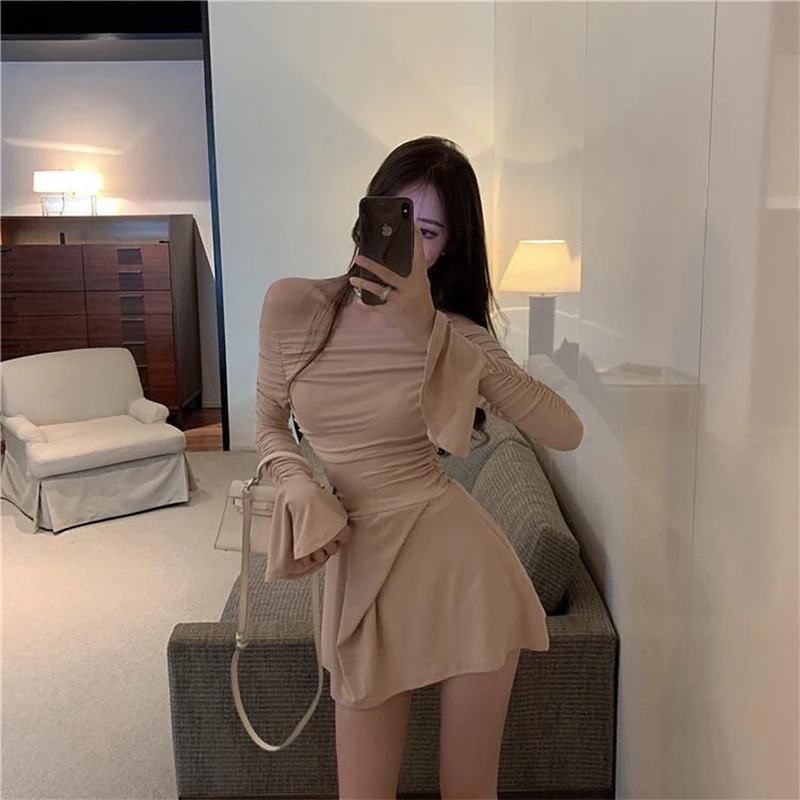 Women Sexy Off Shoulder High Waist Folds Slash Neck Flare Sleeve Party Dress