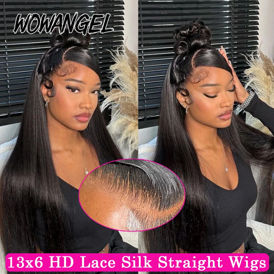 Wow Angel-Silk Straight Cabelo Humano Lace Frontal Peruca para Mulheres, Pré Arrancado, Perucas Glueless, Derreter Skins, 13x6 HD