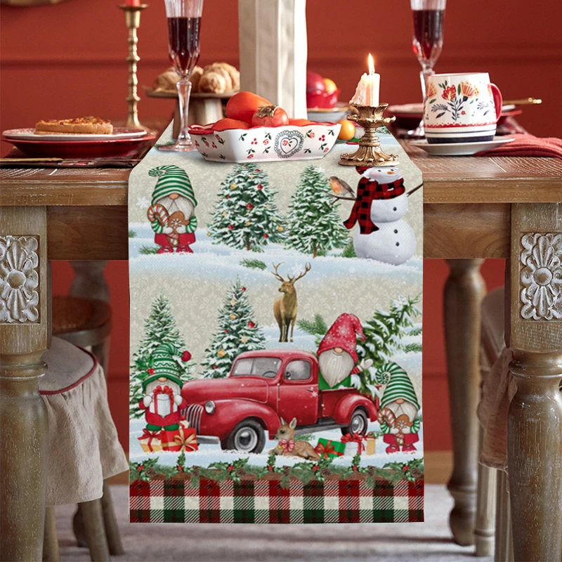 

Santa Snowman Truck Pattern Table Runner Linen Stain Resistant Wedding Party Home Christmas Decor Kitchen Table Decorations