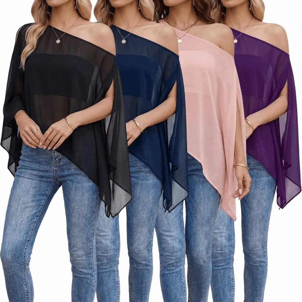 Wrinkle-Resistant Fabric Sun Protection Cover Up Wide Open Asymmetrical Pointed Batwing Sleeve Shirts Semi-Sheer Lightweight