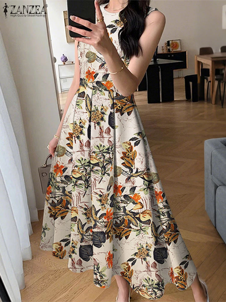 ZANZEA Abito da donna a metà polpaccio Abito estivo stampato floreale vintage 2025 Casual A-Line Abito a pieghe senza maniche Abiti da festa estivi