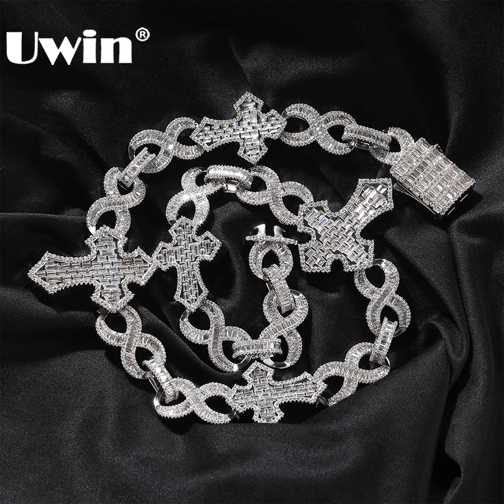 

UWIN Heavy Miami Cuban Link Chain Necklace for Men Baguettecz Infinity Shape Link with Iced Out Cross Fashion Jewelry for Gift