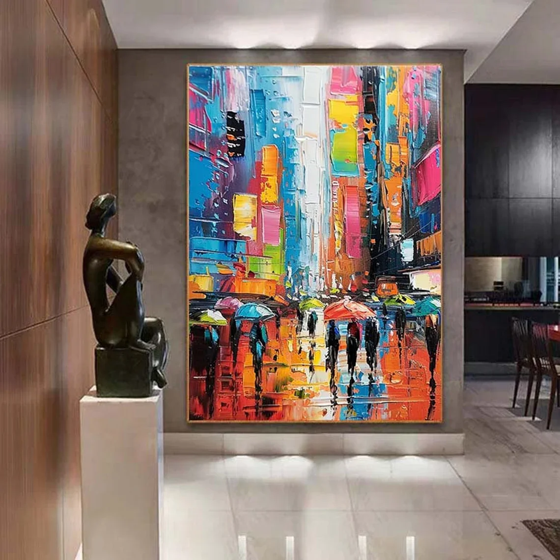 Original Custom Urban Painting, Abstract Colorful Cityscape Oil Painting on Canvas, Modern Living room Wall Decor, Large Texture view 6