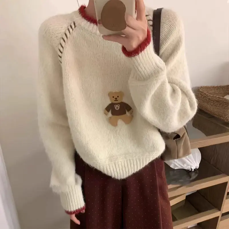

Gagaok Korean Style Pullover Sweater Sweet Cartoon Bear Sweaters Women Autumn Winter Warm Round Neck Knitted Pull Femme