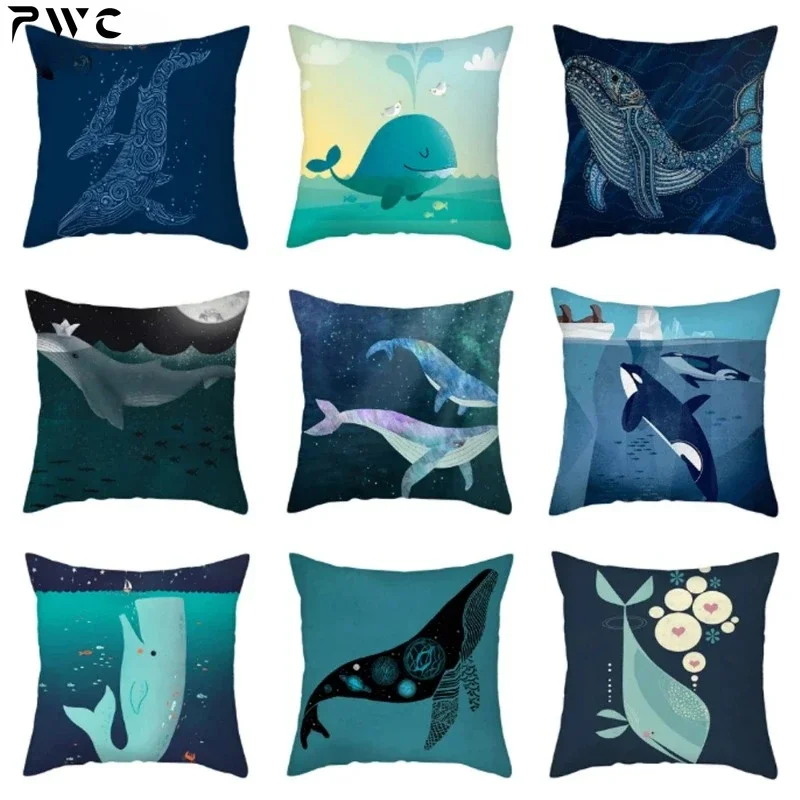 Cartoon Sea Ocean Whale Cartoon Decorative Cushion Cover Animal Polyester Throw Sofa Bed Home Decor Pillow Case 45X45CM