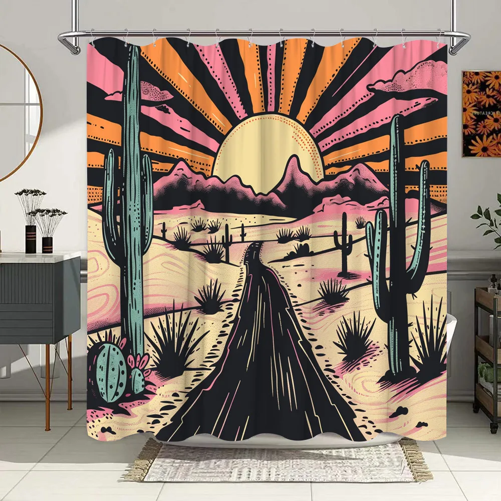 

[Ретро занавеска для душа] 1 шт. Занавеска для душа в стиле ретро в стиле пустыни — полиэстеровый декор для ванной комнаты — искусство в западном стиле