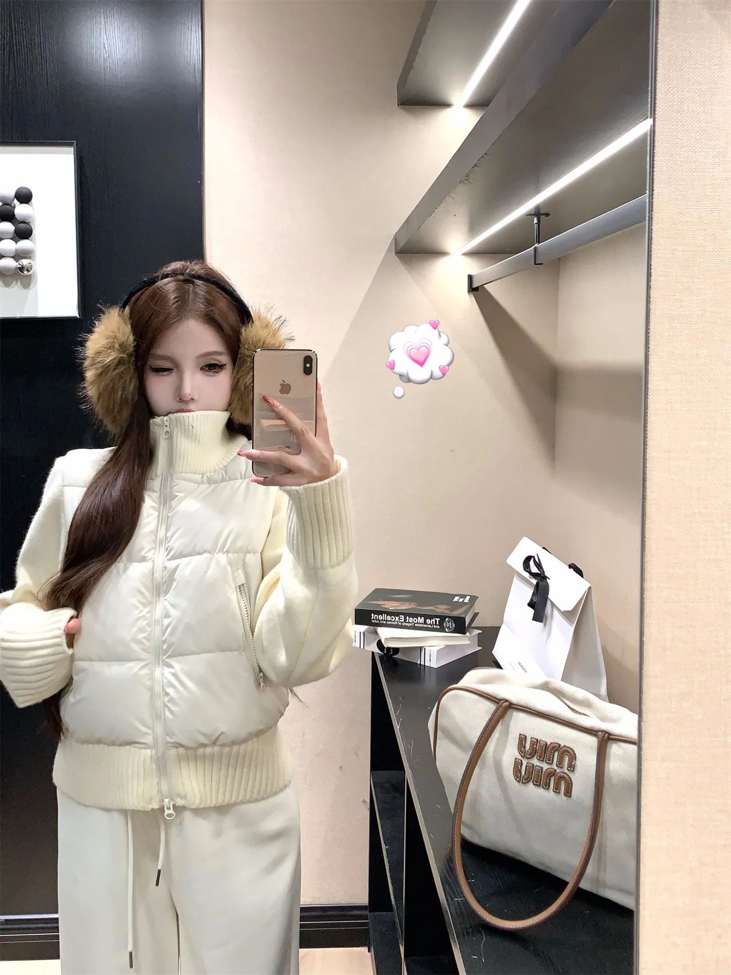 

Women's Loose Fit Knitted Cotton Jacket Double Zipper White Splice Stand Collar Warm Korean Style Sweet Versatile Winter Coat