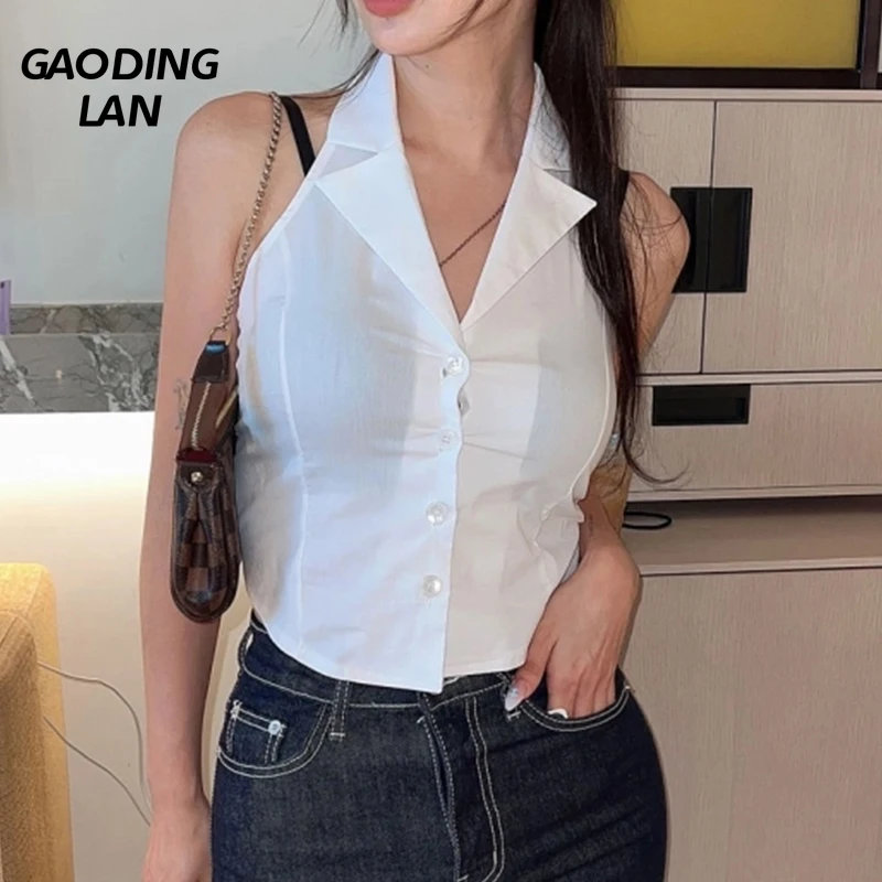 Sexy Spicy Tight Women Crop Tanks Tops Summer Solid Halter Camis Button Cardigan Camisole Shirt Turndown Collar Bottoming Vest