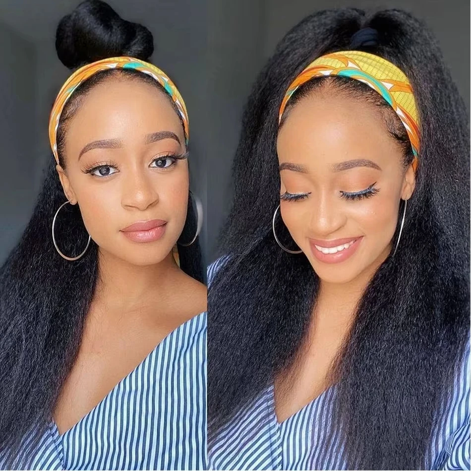 

Kinky Straight Headband Wigs Glueless Ready To Wear Human Hair Wig 3 In 1 Half Wig With Drawstring Brazilian Hair