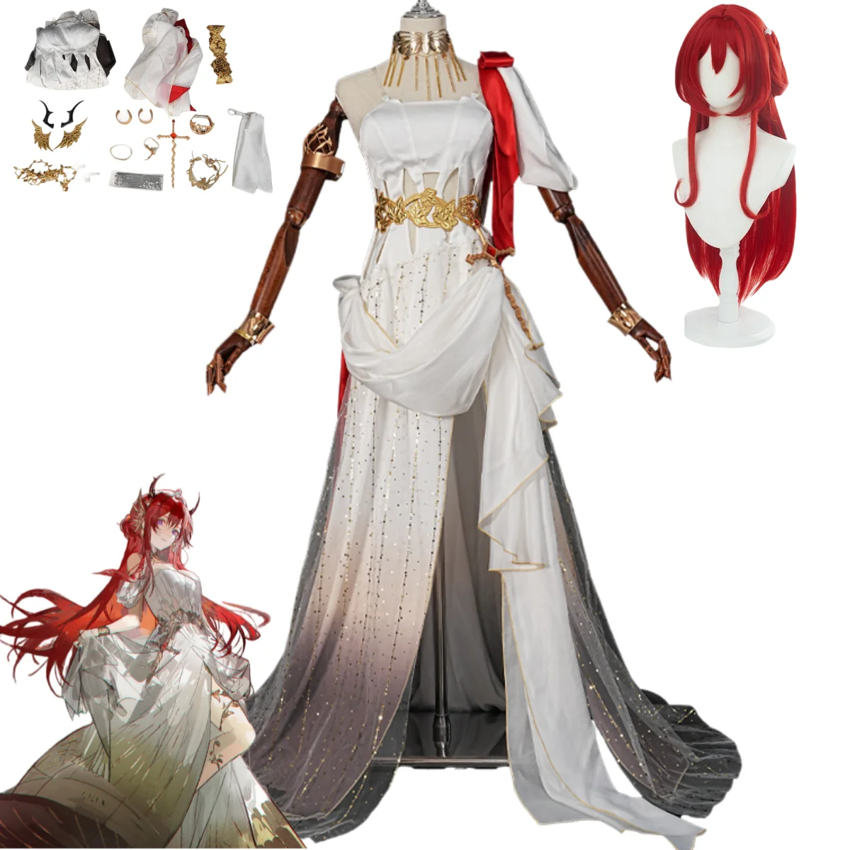 Costume de cosplay Arknights Surtr pour opérateur de jeu, robe de soirée blanche « Prelude To Transcendence », perruque, tenue de carnaval sexy pour femme