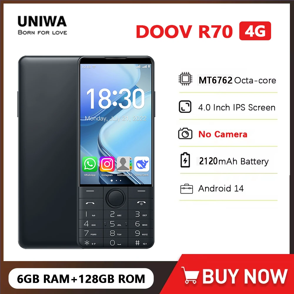 DOOV R70 4G Smart Touch Screen Keypad Mobile Phone without Camera 4.0 Inch 6GB+128GB 2120mAh Android 14 Whatsapp Hebrew keyboard