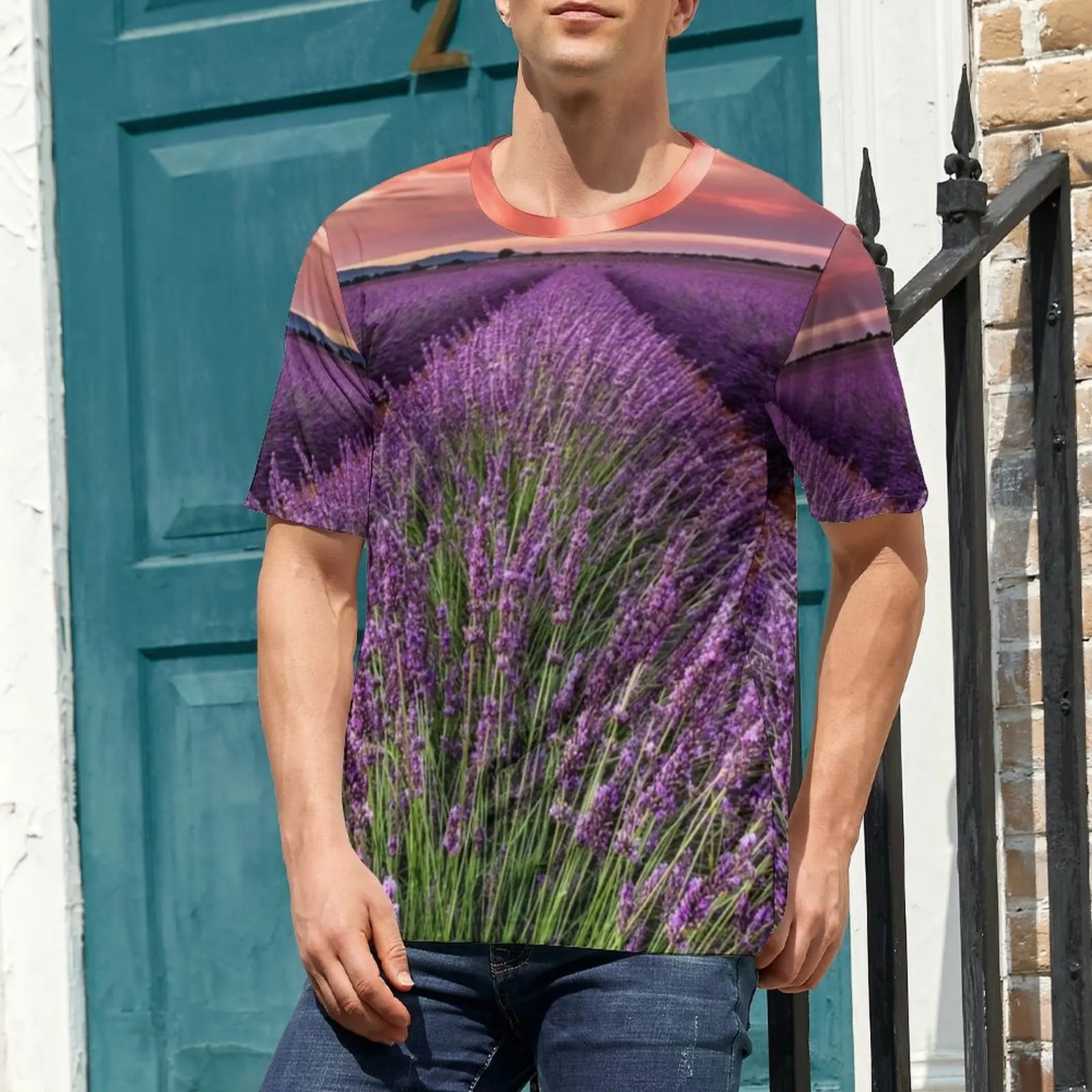 Field of Lavender T Shirt Sunset Print Retro T Shirts Man Aesthetic Tee Shirt Premium Short Sleeve Graphic Clothes Big Size 6XL