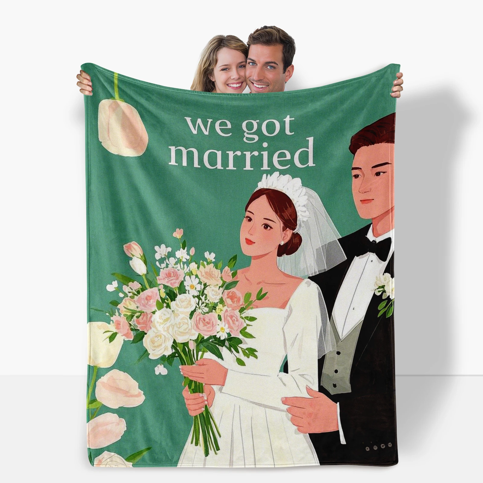 Cartoon Newlywed Couple And Romantic Phrases Blanket Perfect For Gifting Couples During Wedding Season