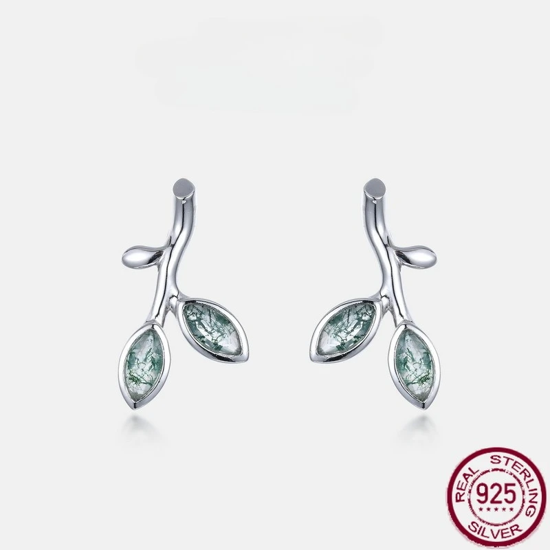 

New S925 sterling silver green moss stone olive branch inlaid with water grass agate earrings, fashionable wedding jewelry