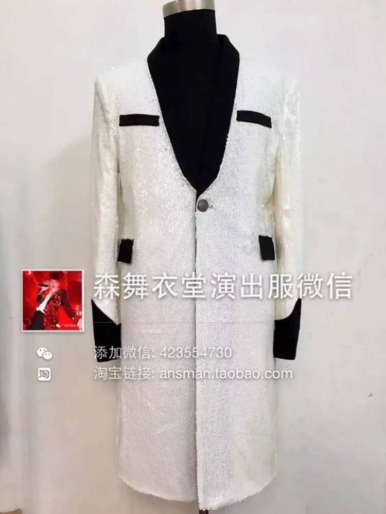 Men's Fashion Slim Sequins Bright Long Blazer Suit Coat Male Singer Concert Black White Red Costumes Men Plus Size Clothing